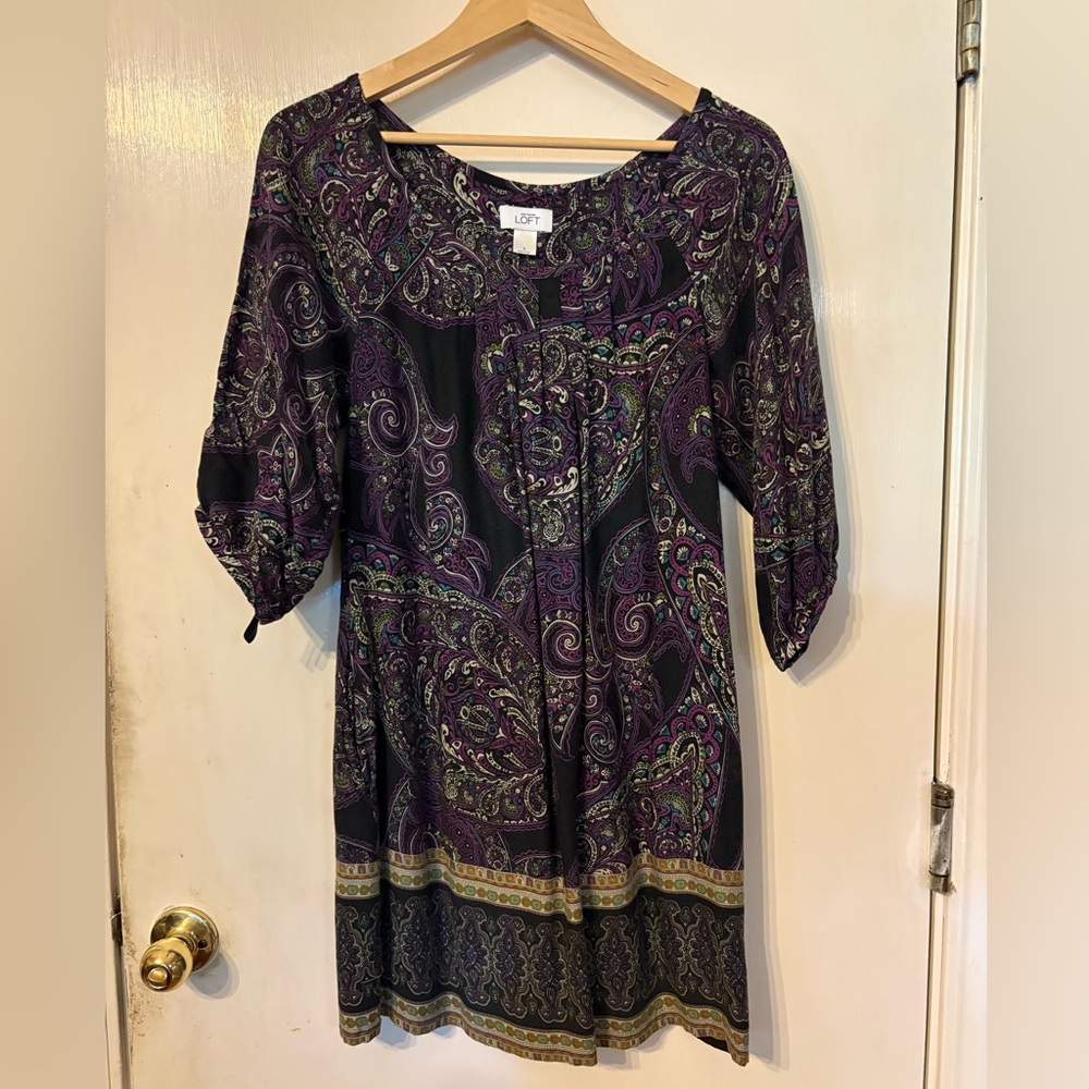 Y2K Ann Taylor LOFT Purple Multicolor Paisley Long Sleeve Dress Size Small